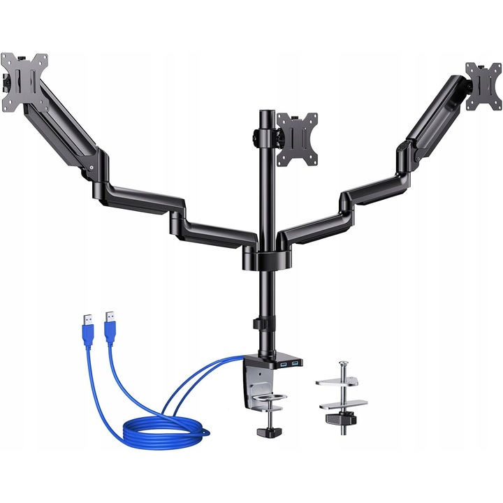 Suport triplu pentru monitor, ErGear EGTS5B, rotire si inclinare, 2 porturi USB, 13-27'', negru