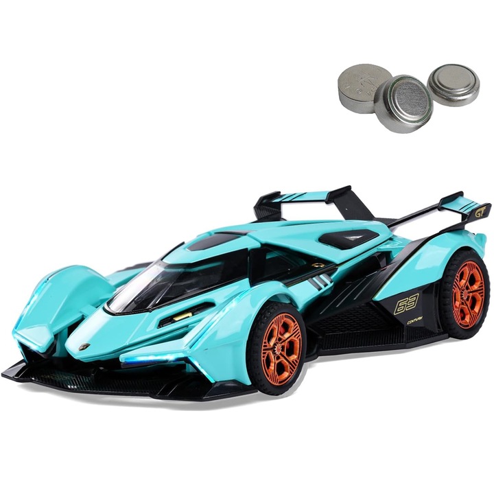 Masina metalica Lamborghini, Axroad Mall, V12, Acumulator, Portbagaj mobil, Capota mobila, Cu lumini si sunete, Durabil, Joc pentru baieti de 3+ ani, Scara 1:32, Aliaje/plastice, 15.3×7.2×3.4cm, Albastru