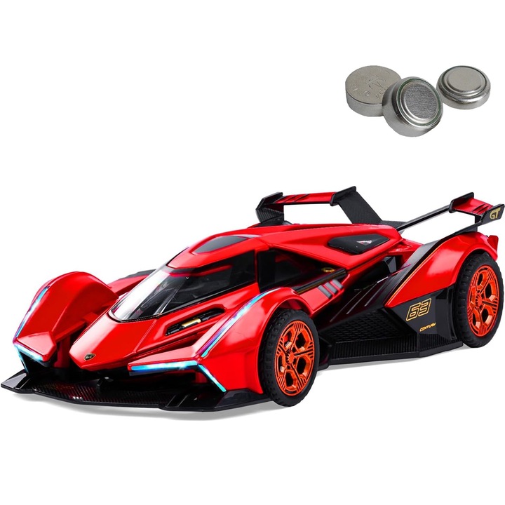 Masina metalica Lamborghini, Axroad Mall, V12, Acumulator, Portbagaj mobil, Capota mobila, Cu lumini si sunete, Durabil, Joc pentru baieti de 3+ ani, Scara 1:32, Aliaje/plastice, 15.3×7.2×3.4cm, Rosu