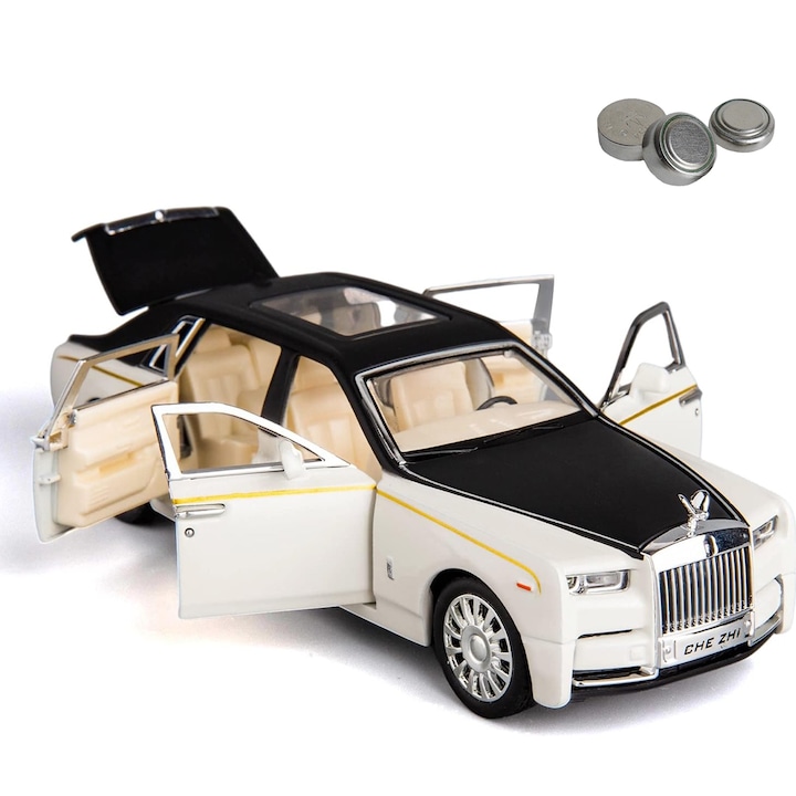 Метална кола Rolls Royce Limousine, Axroad Mall, Реалистични звуци, Със светлини, преден капак, багажник и 4 отворени врати, Детайлите в каросерията са реалистични, Батериите са включени, Мащаб 1:32, Алуминиева сплав/пластмаса, 17×6×4,5 см, Бял