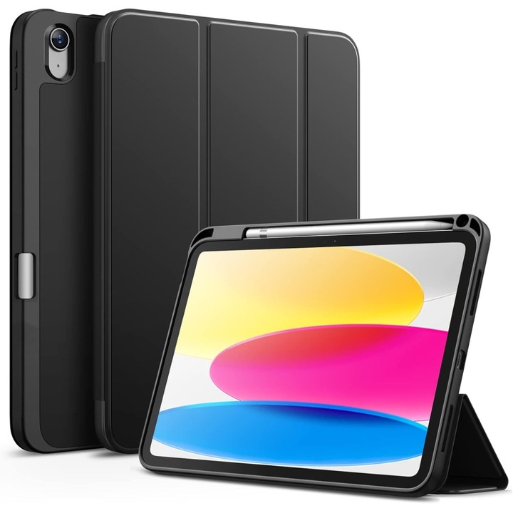 Apple iPad 10th 10,9"-es intelligens tok, MagneticX, CASEY STUDIOS™, állítható szögek, tolltartó, rugalmas tok, automatikus elalvás/ébresztés és érintésazonosító funkció, vékony és könnyű, fekete