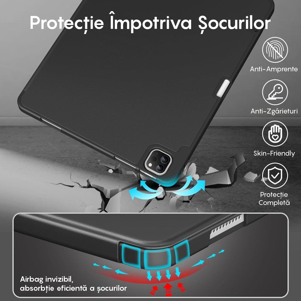Husa Inteligenta compatibila cu iPad 10th 10.9", MagneticX, CASEY STUDIOS™, Unghiuri Ajustabile, Suport Stylus Pen, Carcasa Flexibila, Functie Auto Sleep/Wake &Touch ID, Subtire si Usoara, Negru