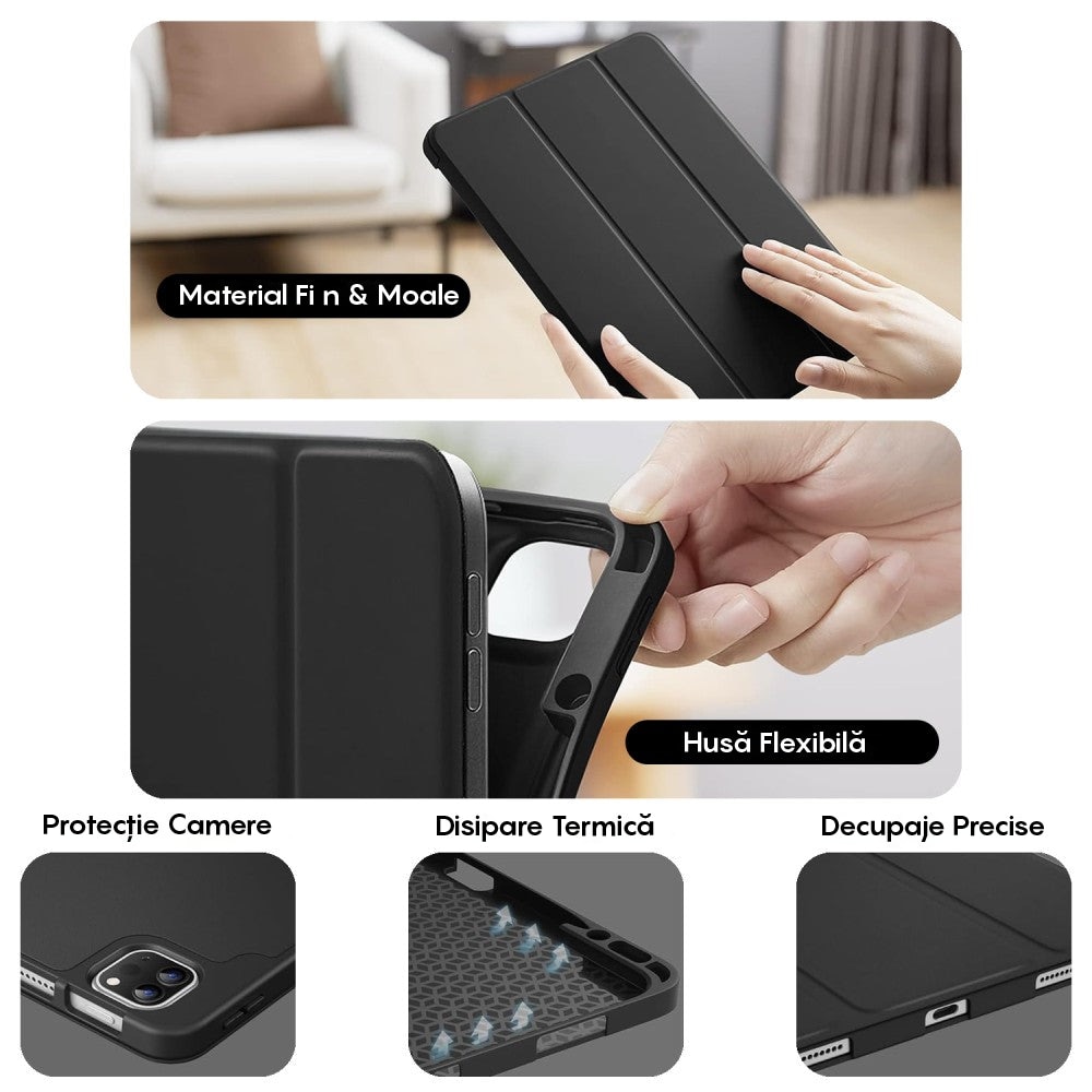 Husa Inteligenta compatibila cu iPad 10th 10.9", MagneticX, CASEY STUDIOS™, Unghiuri Ajustabile, Suport Stylus Pen, Carcasa Flexibila, Functie Auto Sleep/Wake &Touch ID, Subtire si Usoara, Negru