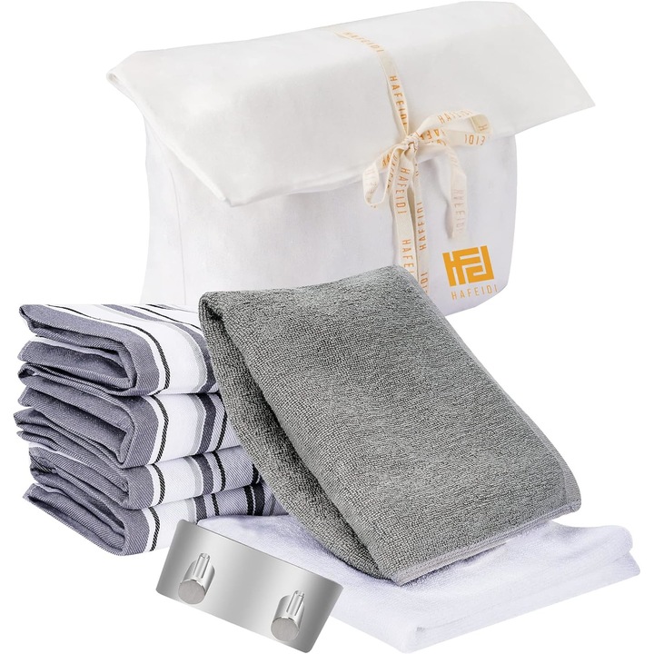 Комплект 6 кухненски кърпи, HAFEIDI, с включена кука, за съдове и ръце, 45 х 65 см, 350 и 275 гр., Памук, Многоцветни