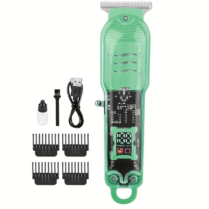 OEM Professzionális borotva készlet, USB újratölthető, rozsdamentes acél, zöld, 1200 mAh, 120 perc autonómia, 4 fej