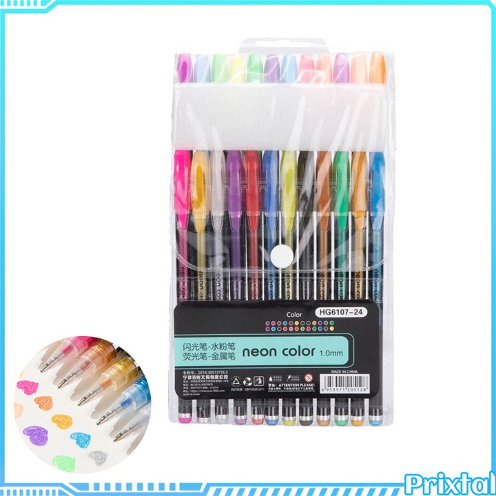 Set de 24 pixuri colorate, fluorescente, cu sclipici, 1 mm, ambalaj din plastic, potrivite pentru studiu si munca