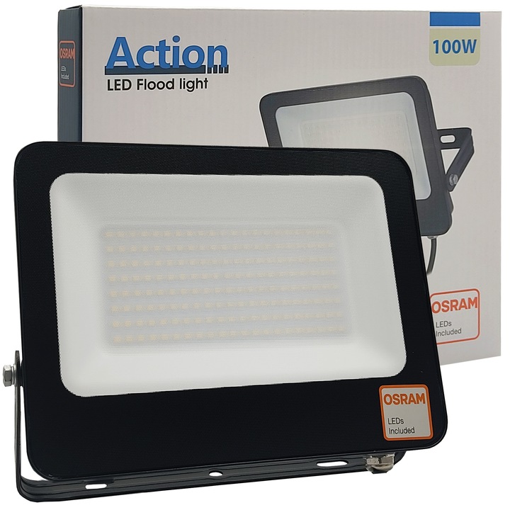LED прожектор 100W (700W) OSRAM, 11000Lm, ACTION, IP65 Водоустойчив, Алуминий и стъкло с висока якост, Студено бяло 5700K, Черен