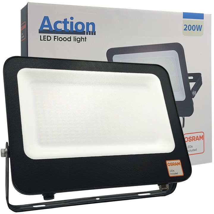 LED reflektor 200W (1400W) OSRAM külső fekete, 22000Lm, ACTION, IP65 vízálló, alumínium és nagy ellenállású üveg, hideg fehér 5700K