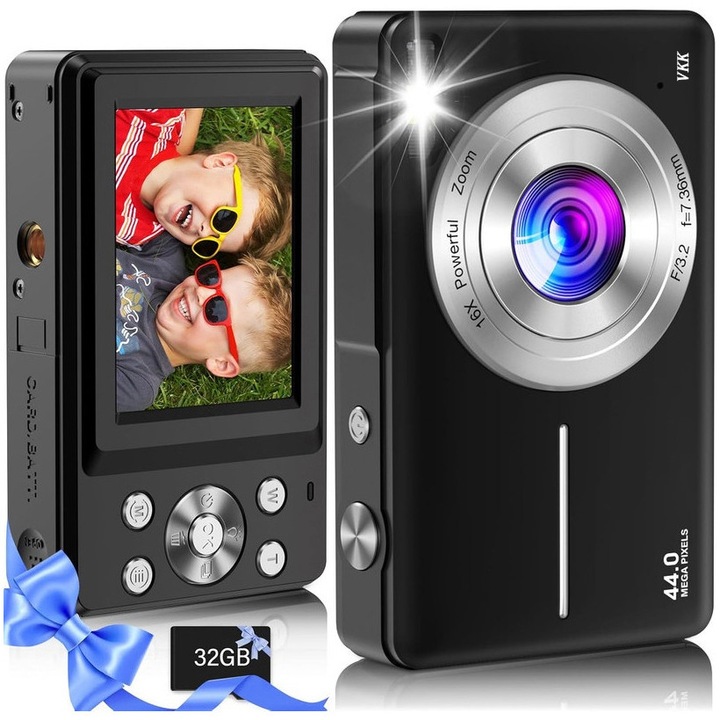 Компактен фотоапарат VKK®, 16X цифрово увеличение, 44MP, 32GB, 700mAh, 2.4", черен