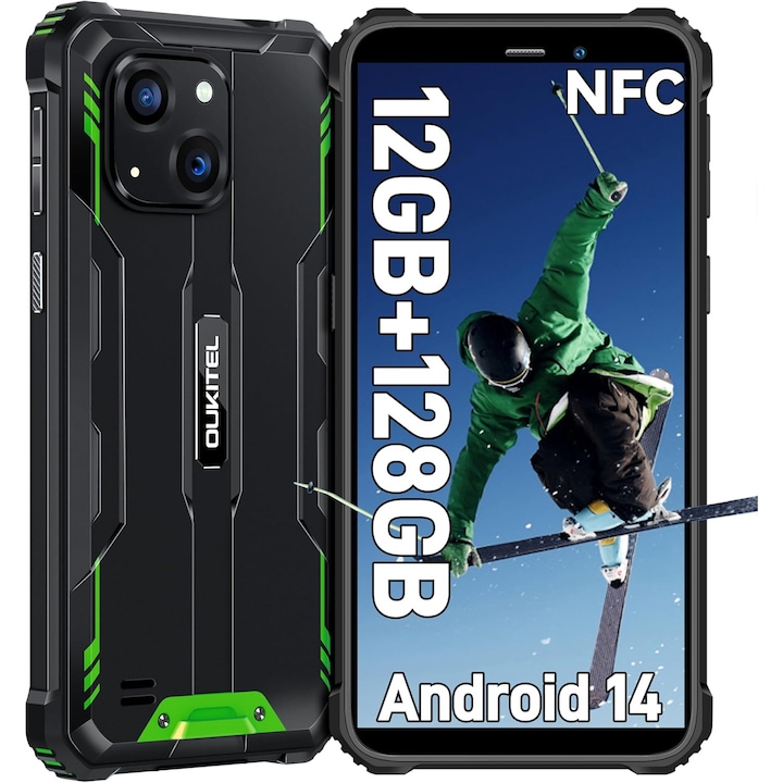OUKITEL WP32 Pro мобилен телефон, 12GB + 128GB/1TB разширяем, 20MP камера, Android 14 смартфон, 6.0'' HD, 6300mAh батерия, две SIM карти 4G мобилен телефон, IP68, GPS, OTG, NFC, Wi-Fi, зелен