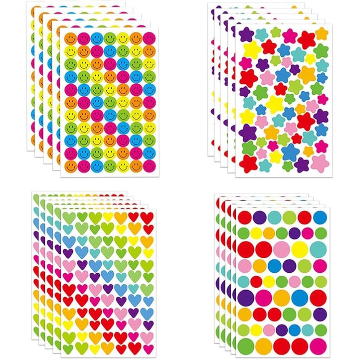 Set Stickere Autoadezive pentru Copii, Inimi, Stele, Puncte, Multicolor, 1375 Bucati, Forme si corpuri geometrice