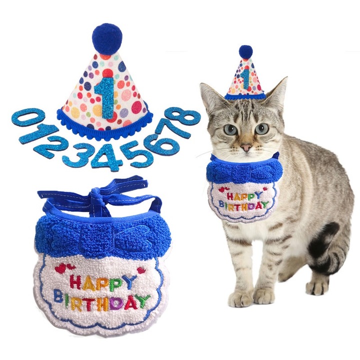 Set Accesorii Aniversare pentru Pisici si Caini Mici, Bandana si Palarie, Albastru, 12x14cm