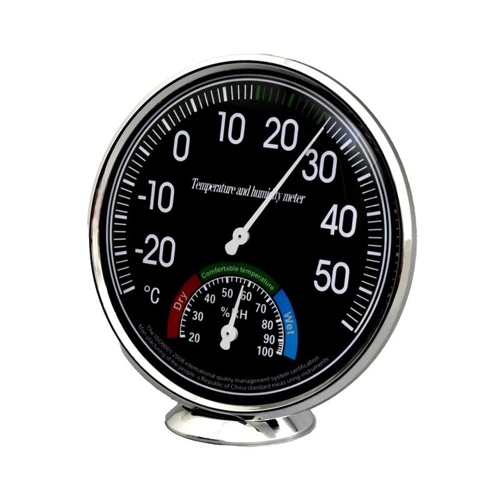 Hőmérő higrométerrel szobába vagy irodába, -20-50 fok, tartóval, Ezüst