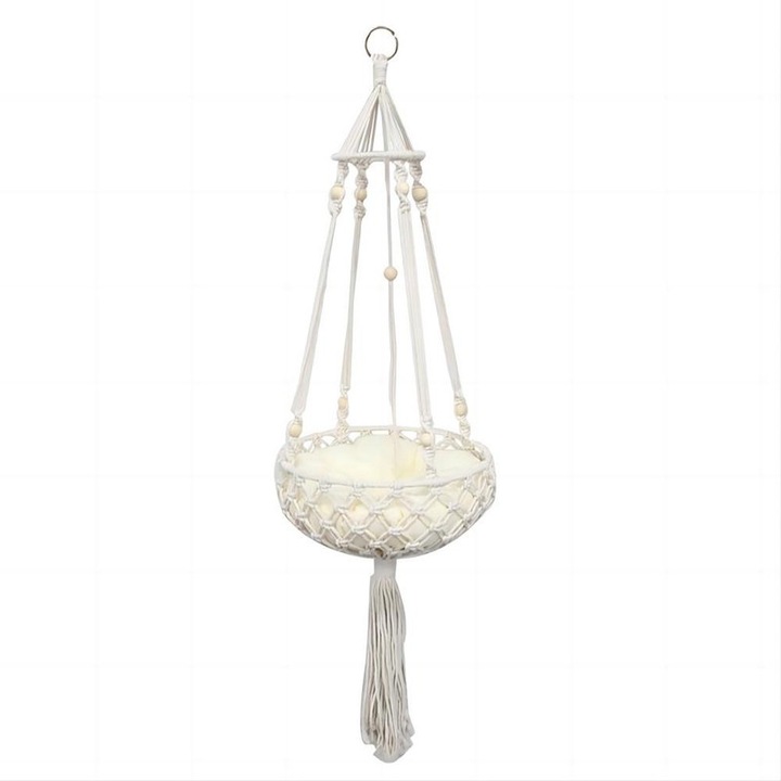 Culcus pisici stil Bohemian, material bumbac, crem, 30cm diametru, set montare inclus