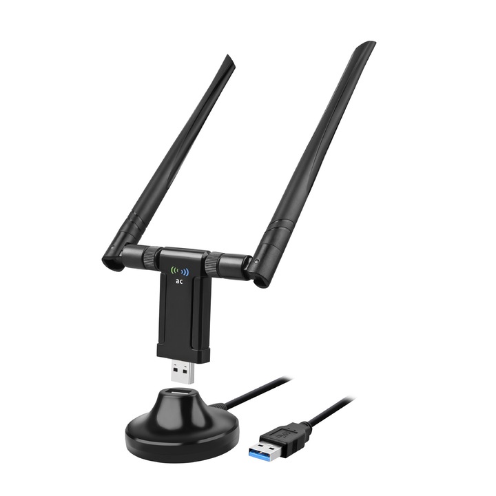 USB WiFi адаптер, Hggzeg, безжичен, 1200Mbps, USB 3.0, 2.4G & 5G мрежа, дълъг обхват, покритие 20-30 M, 2 антени, бърз трансфер, мулти съвместимост, за компютърен лаптоп, лесен за инсталиране и използване, черен