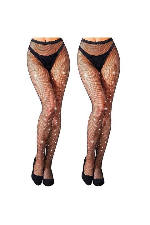 Комплект от 2 мрежести чорапогащника с кристали, Axroad Mall, Секси тип, Висока талия, Блестящи, Свръхустойчиви, Оформящи, Меки, Удобни, Дишащи, Оптичен отслабващ ефект, Найлон, Универсален размер, Черен