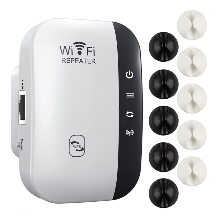 Безжичен мрежов усилвател на сигнала, Hggzeg, Wi-Fi Range Extender 300Mbps, AP и режим на рутер, 802.11n bg, 2.4GHz WLAN, WPS функция с LAN порт, интегрирани антени, WEP, WPA и WPA2 връзка, кабелен органайзер и мрежов кабел включени, Черно и бяло