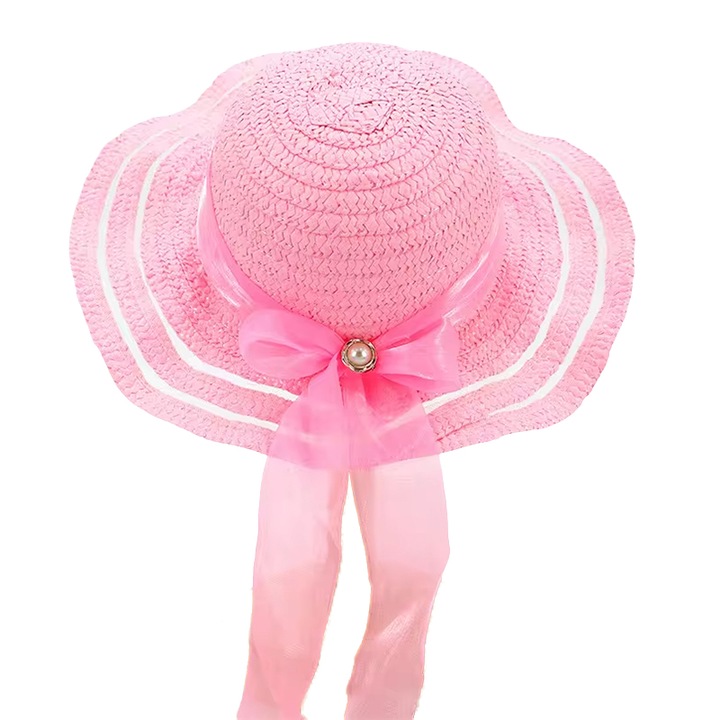 Шапка за слънце, детска, летен плисиран модел за момичета, допълнена със скъпа панделка с моден детайл, фиксатор под брадичката, вълнообразен ръб, елегантна лятна тема, универсален размер, светло розово, EFAYN.RO