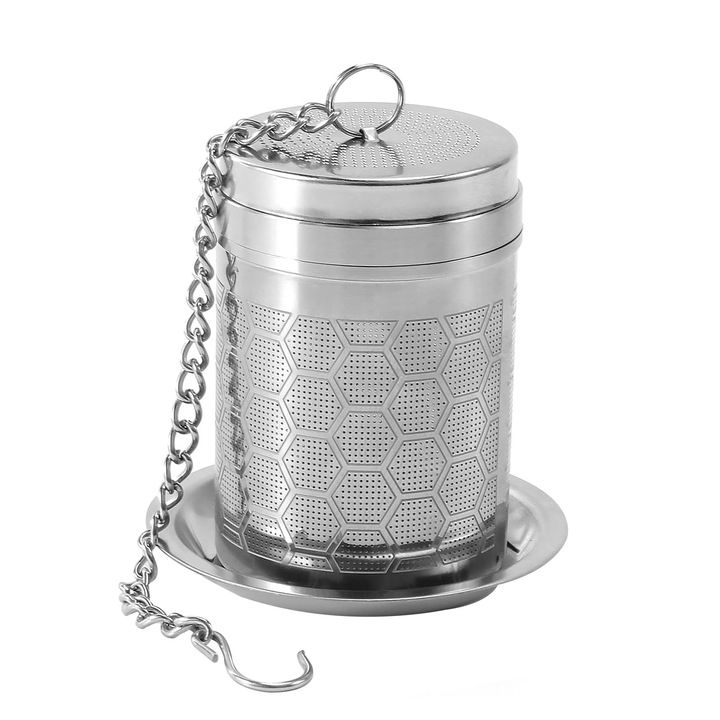 Infuzor de ceai, SINBINTA, Cu tava picurare, Design tip fagure, Plasa ultra fina, Usor de curatat, Rezistent la temperaturi inalte, Reutilizabile, Compatibil condimente, Ierburi, Otel inoxidabil, 3.8x6cm, Argintiu