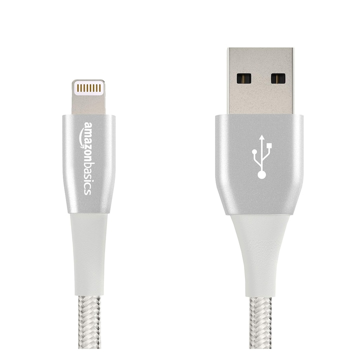 Кабел за данни, Amazon Basics Premium, съвместим с iPhone/iOS, MFi сертифициран за Apple, Lightning към USB-A, бързо зареждане 3.1A, прехвърляне на данни, 10 cm, сребрист