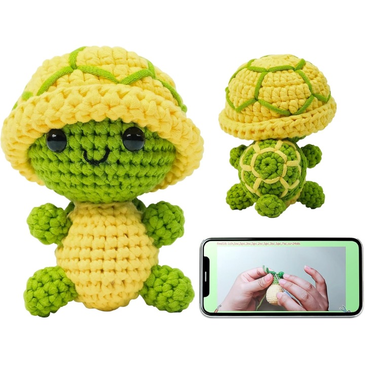 Kit de crosetat, Broasca testoasa, MzcrJosv®, Potrivit pentru incepatori, Include instructiuni, Facil de operat, Imbunatati coordonarea ochi-mana si abilitatile motorii fine, Verde galben