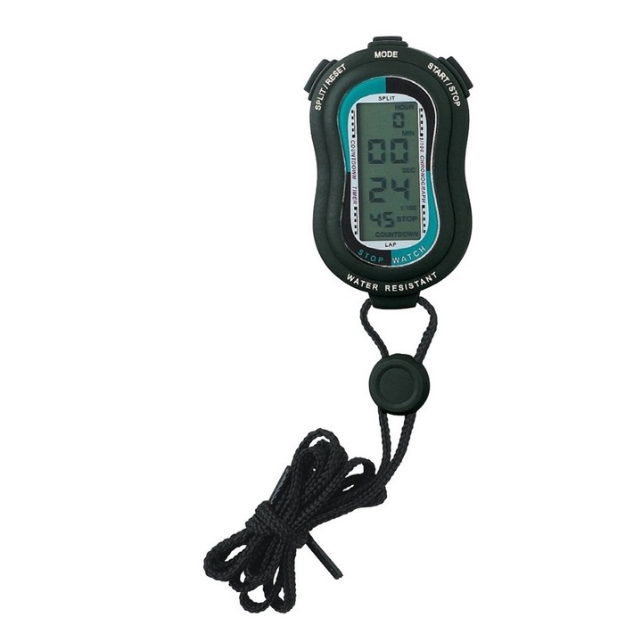 Stopperóra vezetékkel, ütés- és vízálló, fekete színű