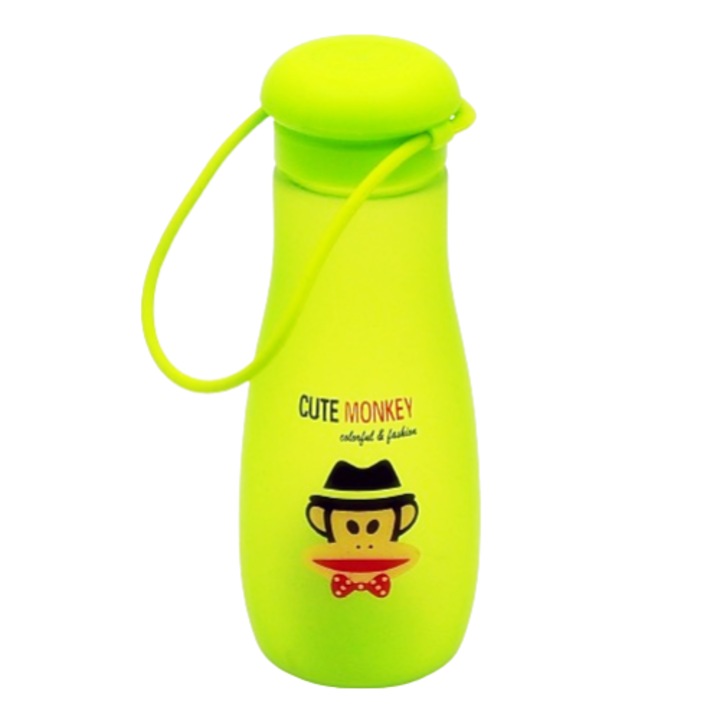 Sticla de apa cu maner din silicon, Cute Monkey, 650 ml, verde