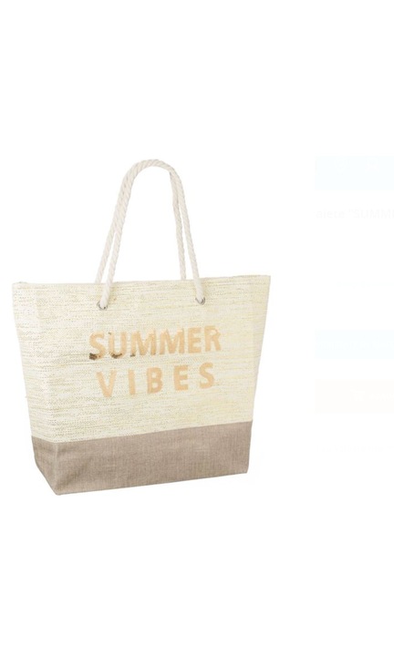 Бежова чанта от юта със златни пайети от фолио "SUMMER VIBES" за плажа 55,5x15x42 см