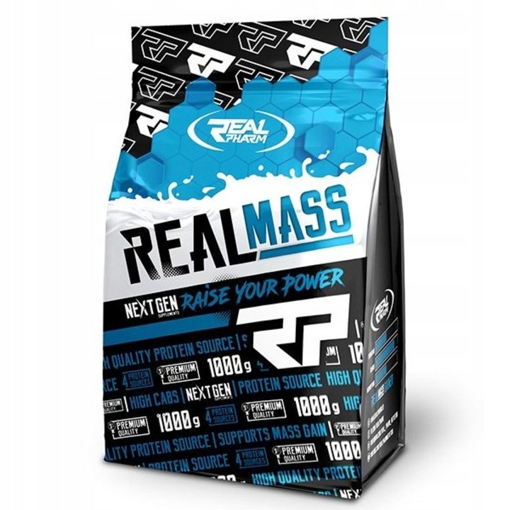 Supliment alimentar, pentru masa musculara RealPharm Real Mass, proteine si carbohidrati, aroma de capsuni, 1000g