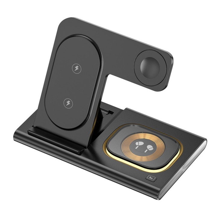 3 az 1-ben töltő, gyorstöltés 15 W, alumínium, fekete, hordozható kivitel, Type-C, iWatch/iPhone/AirPods készülékekhez