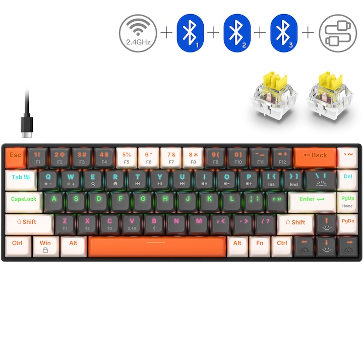 Tastatura mecanica gaming, eleBite®, Wireless/ fir, Bluetooth, 65% Layout, Switch mecanic, 2.4Ghz, 68 Taste, compatibila Windows/Play Station/macOS, Taste multimedia, Iluminare RGB, Baterie 1800mAh