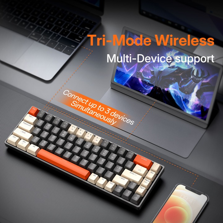 Tastatura mecanica gaming, eleBite®, Wireless/ fir, Bluetooth, 65% Layout, Switch mecanic, 2.4Ghz, 68 Taste, compatibila Windows/Play Station/macOS, Taste multimedia, Iluminare RGB, Baterie 1800mAh