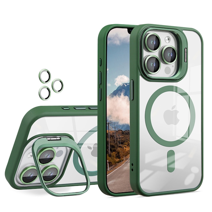 Telefontok, átlátszó, MagSafe vezeték nélküli töltéssel kompatibilis, mágneses dizájn, iPhone 15 Pro Max-hoz, zöld