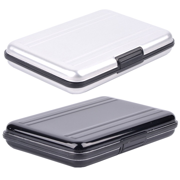 Set 2 carcasa de protectie carduri de memorie, Cu 16 Sloturi, Axroad Mall, Pentru TF/SD, Rezistenta la cadere si rezistent la apa, Greutate redusa si la indemana, Aluminiu, 110 × 75 × 20mm, Negru / Argintiu
