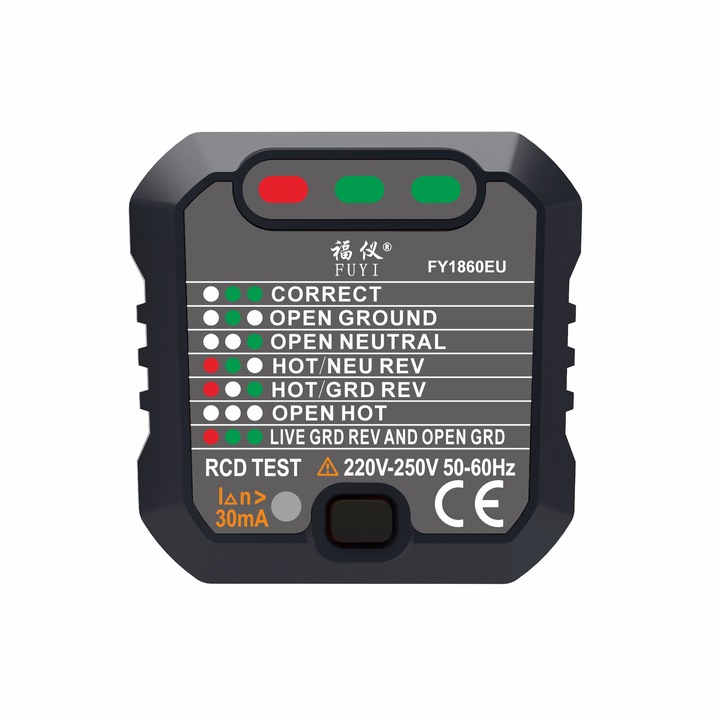 Tester priza EU, Mastfuyi FY1860EU, 220V~250V(AC), 30mA