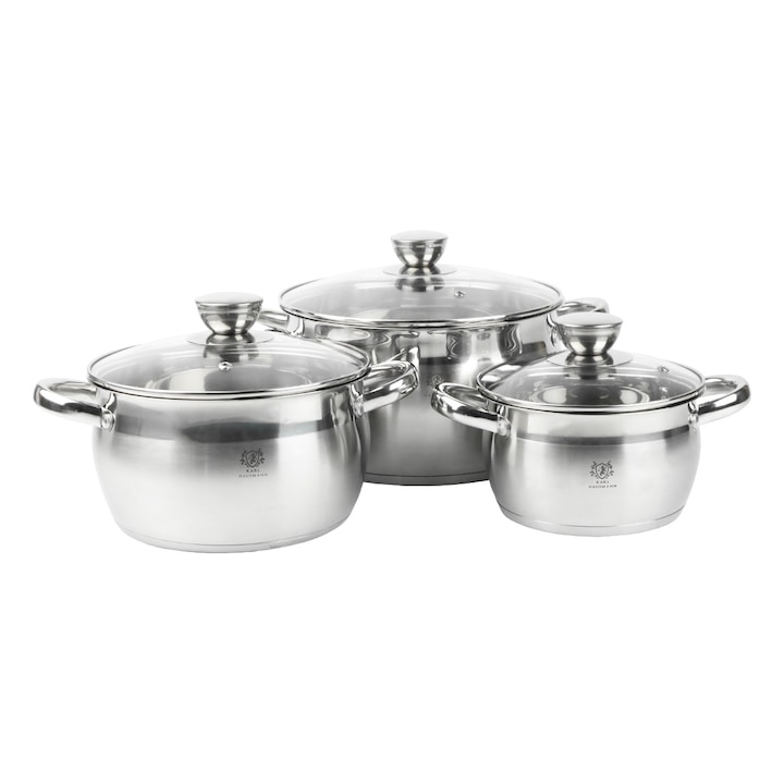 Set oale de bucatarie, 3 bucati + capace, 2L, 3.6L, 6.1L, otel inoxidabil, Limfa, Karl Hausmann, argintiu