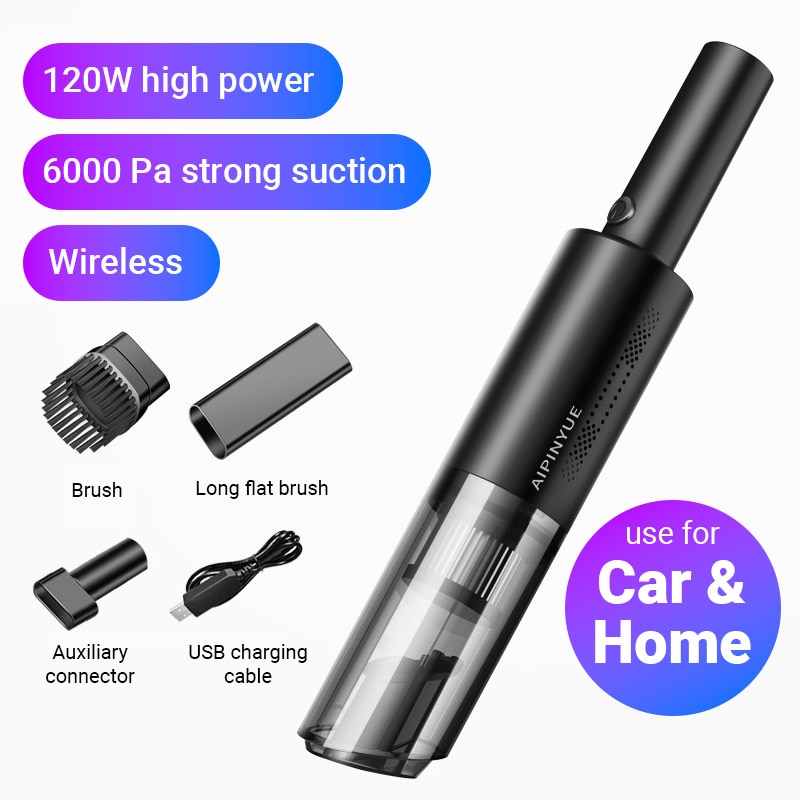 Aspirator de mana, Wireless, 6000PA, 120W, filtru lavabil, negru, 18 minute de aspirare la viteza maxima, set cu geanta de transport, 35.5x10.5x12.5cm