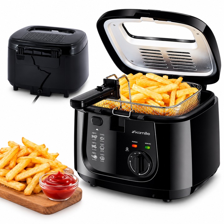 Friteuza electrica standard pentru prajire in ulei, 2.5 L, 1800 W, termostat reglabil 150–190°C, Kamille - KM6810