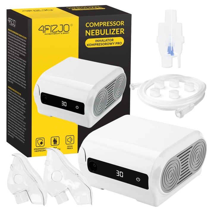 Aparat cu compresor pentru Aerosoli 4FIZJO, Nebulizator Pro, Capacitate vaporizare 0.25ml/min, Particule fine pentru absorbtie usoara, Tehnologie Mesh, Kit complet de accesorii inclus, Silentios, Alb/Gri