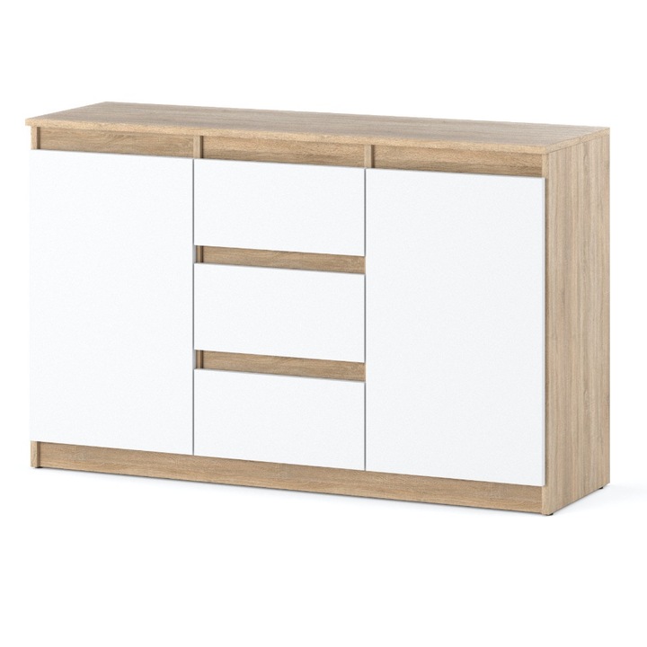 Comoda moderna cu 3 sertare si 2 usi Agnes, 120x75x35cm, Stejar Sonoma Alb Mat