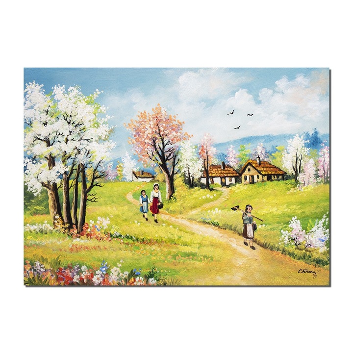 Tablou pictat manual, Peisaj de primavara, la bunici, 70x50cm ulei pe panza, gata de agatat pe perete