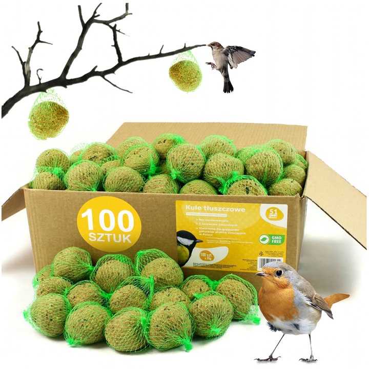 Bile de grasime pentru pasari salbatice, 100 buc., hrana cu floarea-soarelui si cereale, 9 kg, cu plasa