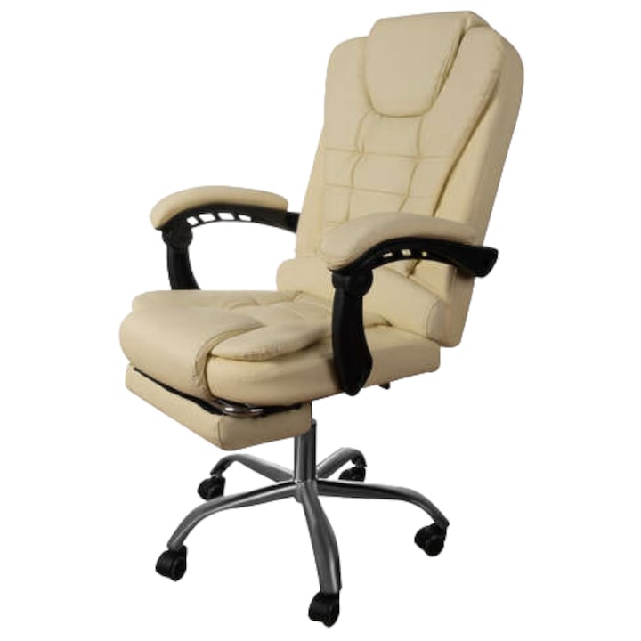 Scaun de birou, Malatec, cu suport pentru picioare, rotativ, piele ecologica, crem, 65x102/110 cm
