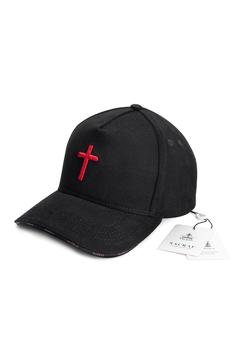 Sapca Sacral Ortodox Negru/Rosu Brodata Bumbac Sf. Cruce