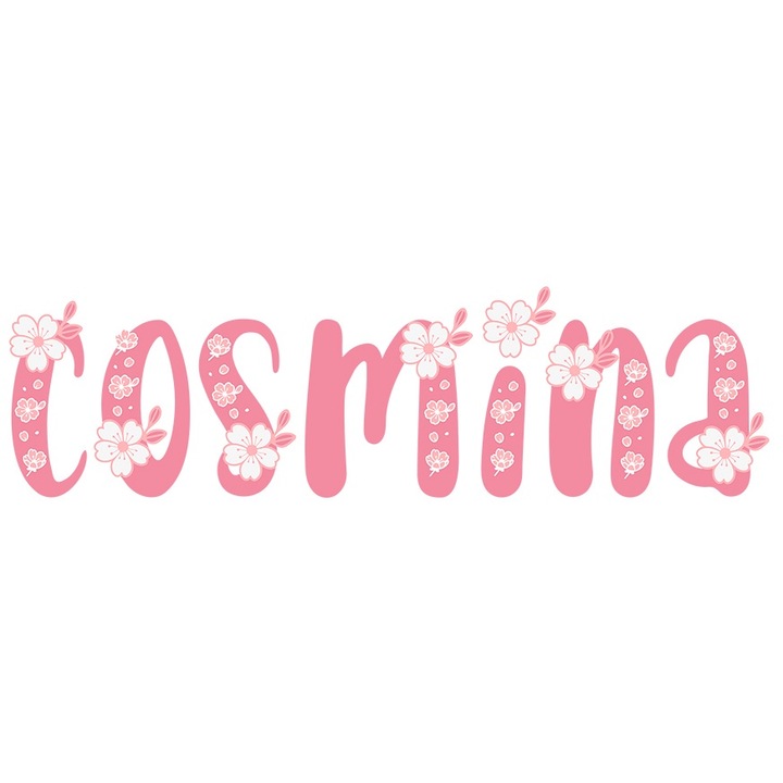 Sticker Cu Numele Cosmina, Flori, Colorat, Roz, Dragut cu Margini Albe, PVC Vinyl 23 cm