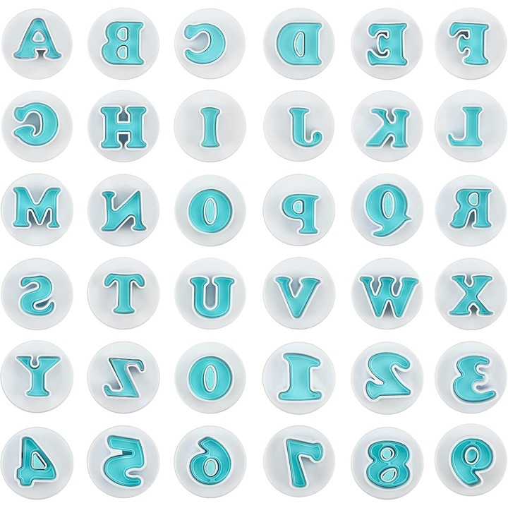 Set 36 litere si cifre ornare prajituri, awwaline, albastru, decupatoare pentru martipan, biscuiti, aluat, Litere Mari