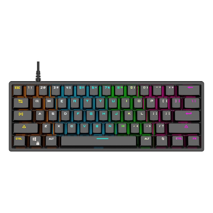 Компактна механична клавиатура, 61 клавиша, RGB осветление, светлинни ефекти, черно
