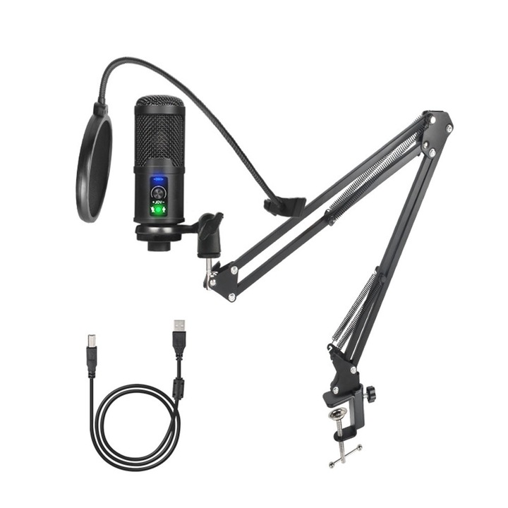 USB-mikrofon PC-s játékokhoz Boombox Pop szűrő, továbbfejlesztett zajszűrő némító gomb a Twitter online csevegés streameléséhez, fekete