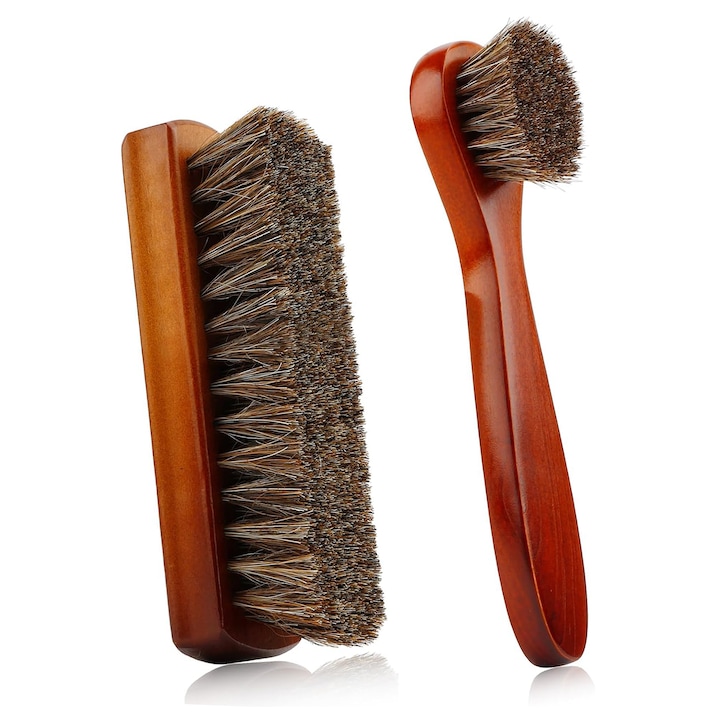 Set 2 Perii Lustruit Pantofi COMEWE, Par de Cal, Maner Lemn, Multifunctionale