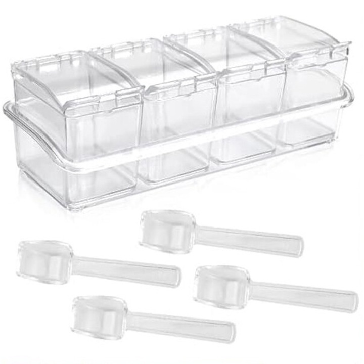 Cutie condimente transparenta, 4 compartimente, cu linguri, acril